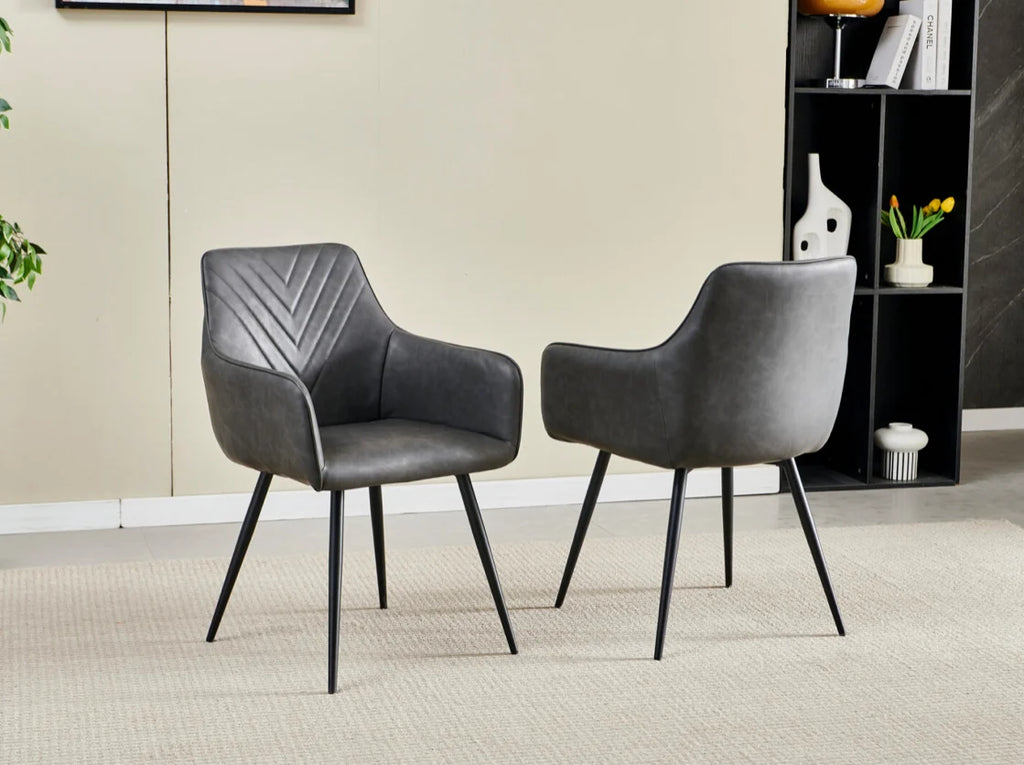 Pair of 2 Stanford Grey Leather Dining Chair Black Leg