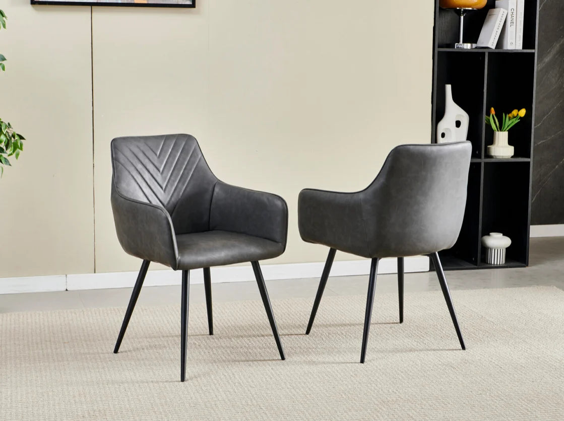 Pair of 2 Stanford Grey Leather Dining Chair Black Leg