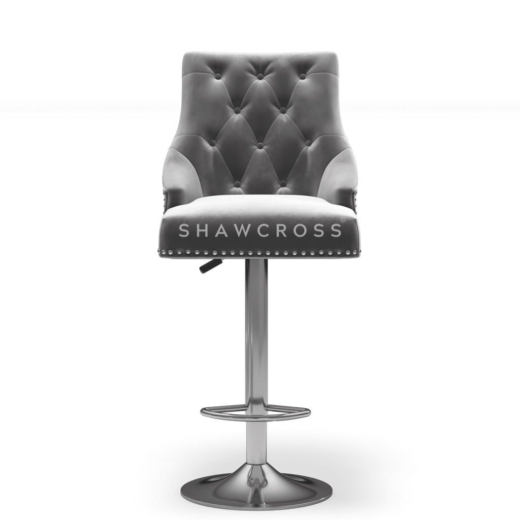 Bentley Quilted Knocker Bar Stool In Grey Velvet