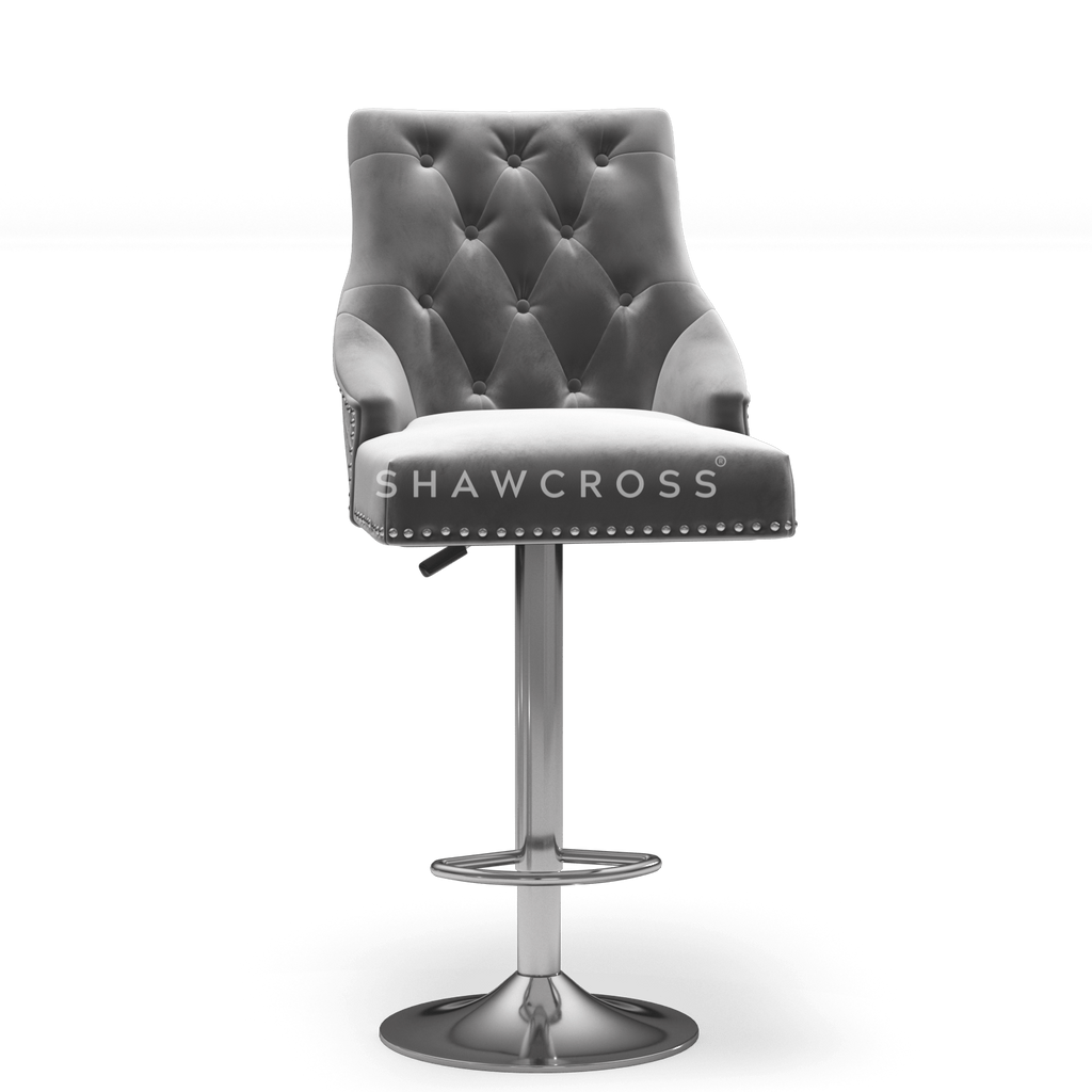 Bentley Quilted Knocker Bar Stool In Grey Velvet