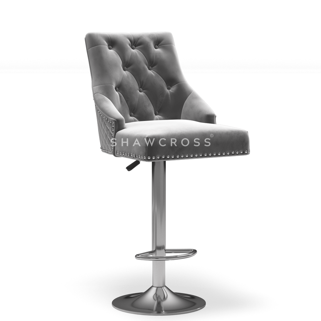 Bentley Quilted Knocker Bar Stool In Grey Velvet