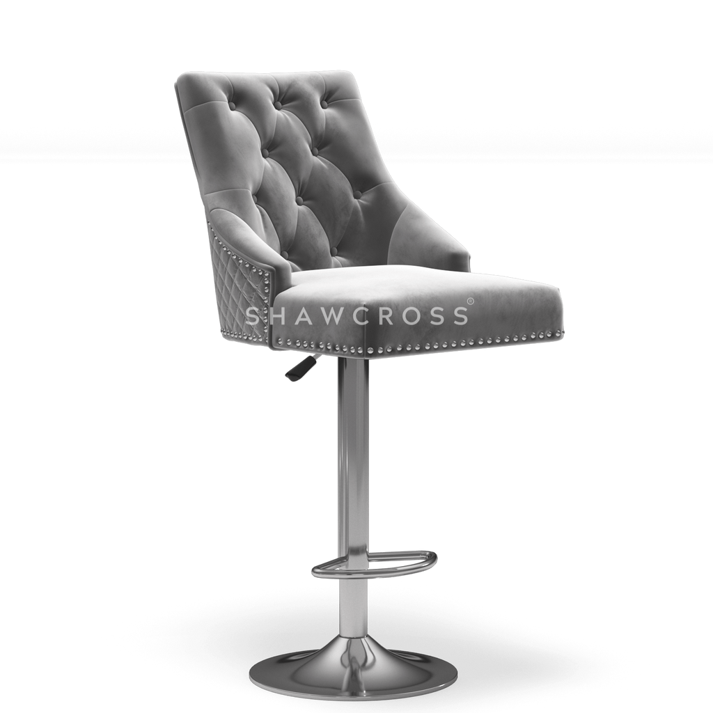 Bentley Quilted Knocker Bar Stool In Grey Velvet