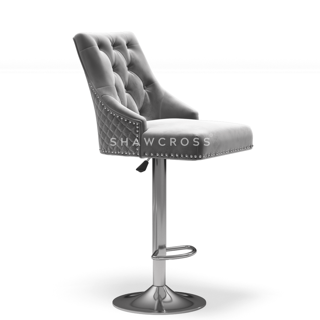Bentley Quilted Knocker Bar Stool In Grey Velvet