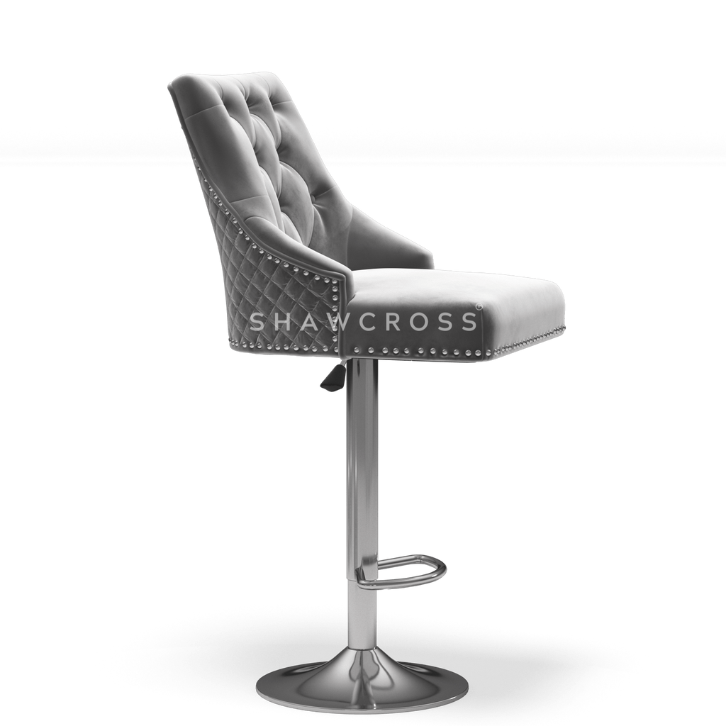 Bentley Quilted Knocker Bar Stool In Grey Velvet