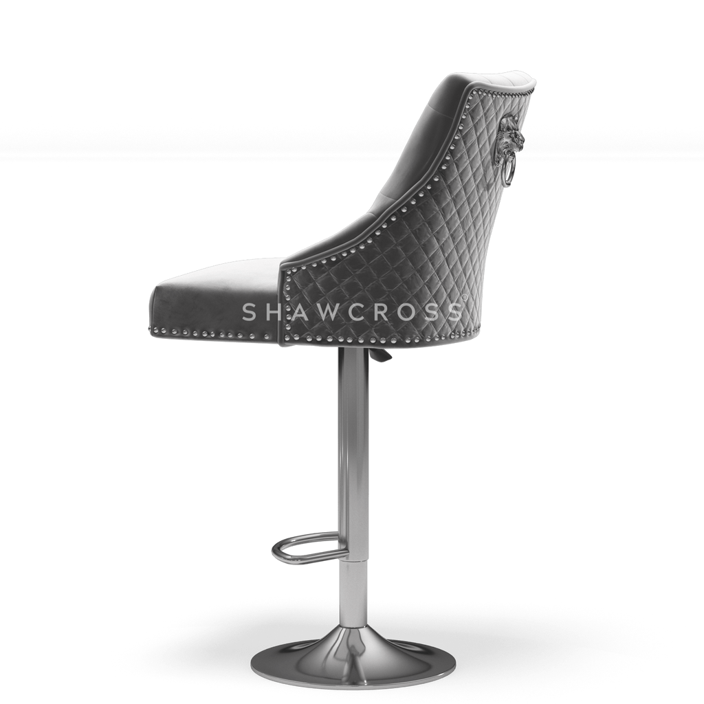 Bentley Quilted Knocker Bar Stool In Grey Velvet