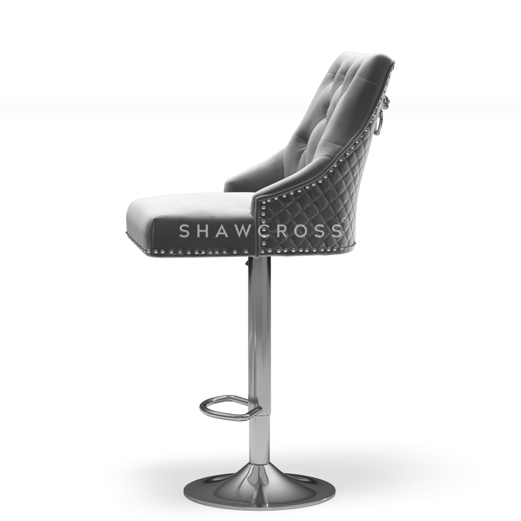 Bentley Quilted Knocker Bar Stool In Grey Velvet