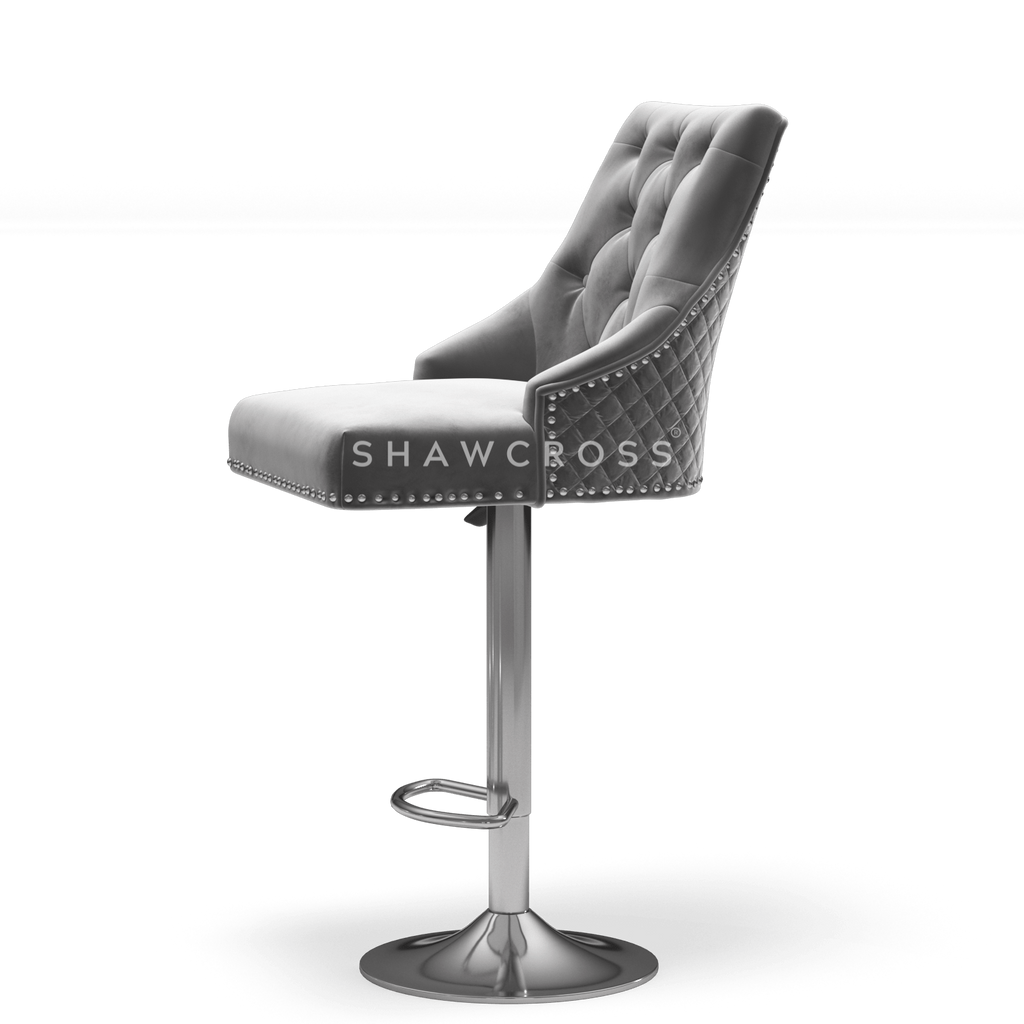 Bentley Quilted Knocker Bar Stool In Grey Velvet