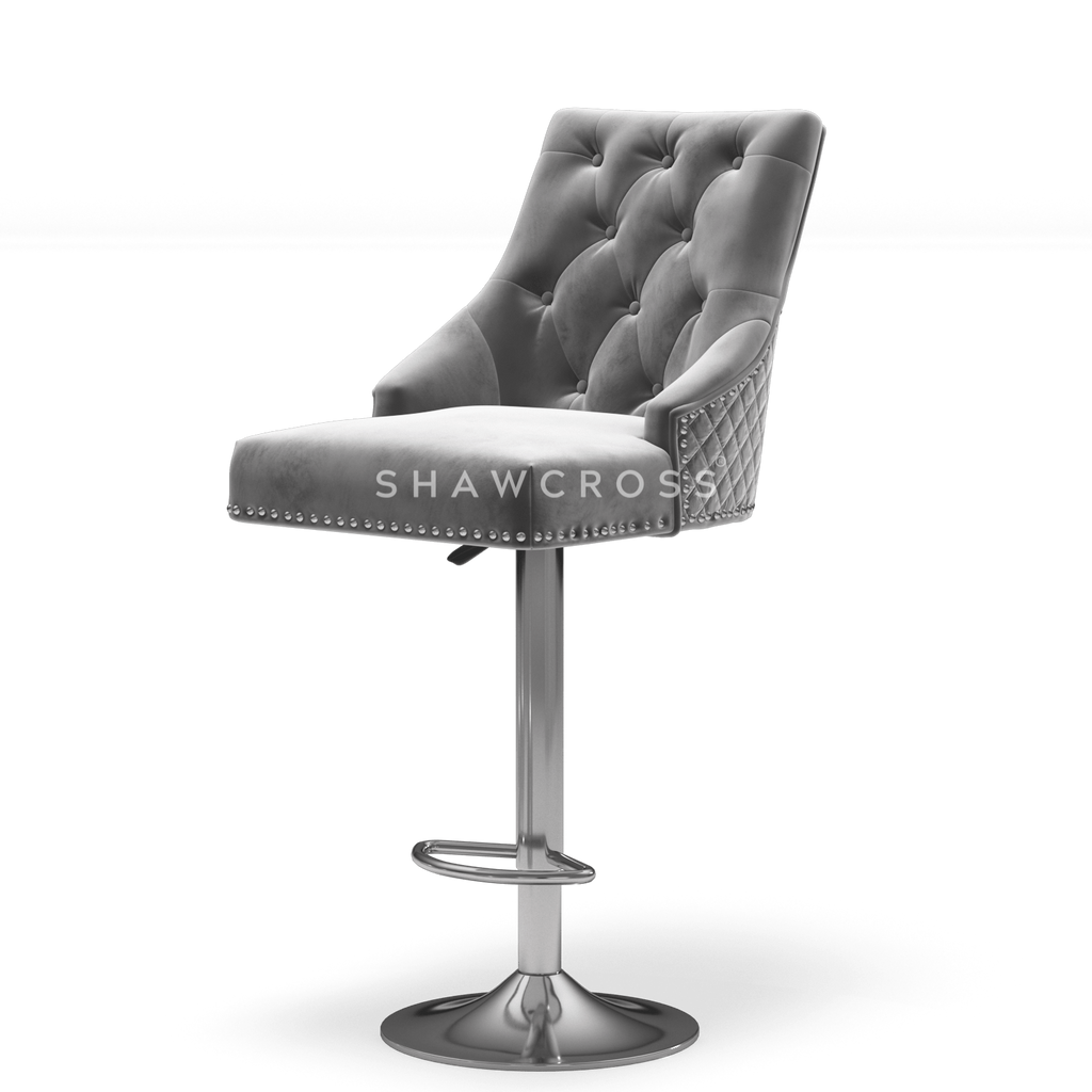 Bentley Quilted Knocker Bar Stool In Grey Velvet