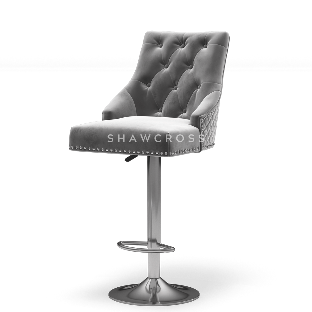 Bentley Quilted Knocker Bar Stool In Grey Velvet