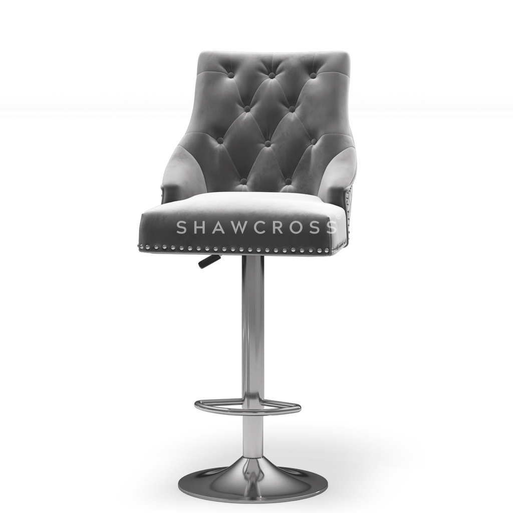 Bentley Quilted Knocker Bar Stool In Grey Velvet