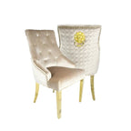 Louis Gold Dining Table With Mink Gold Roma Lion Knocker Chairs