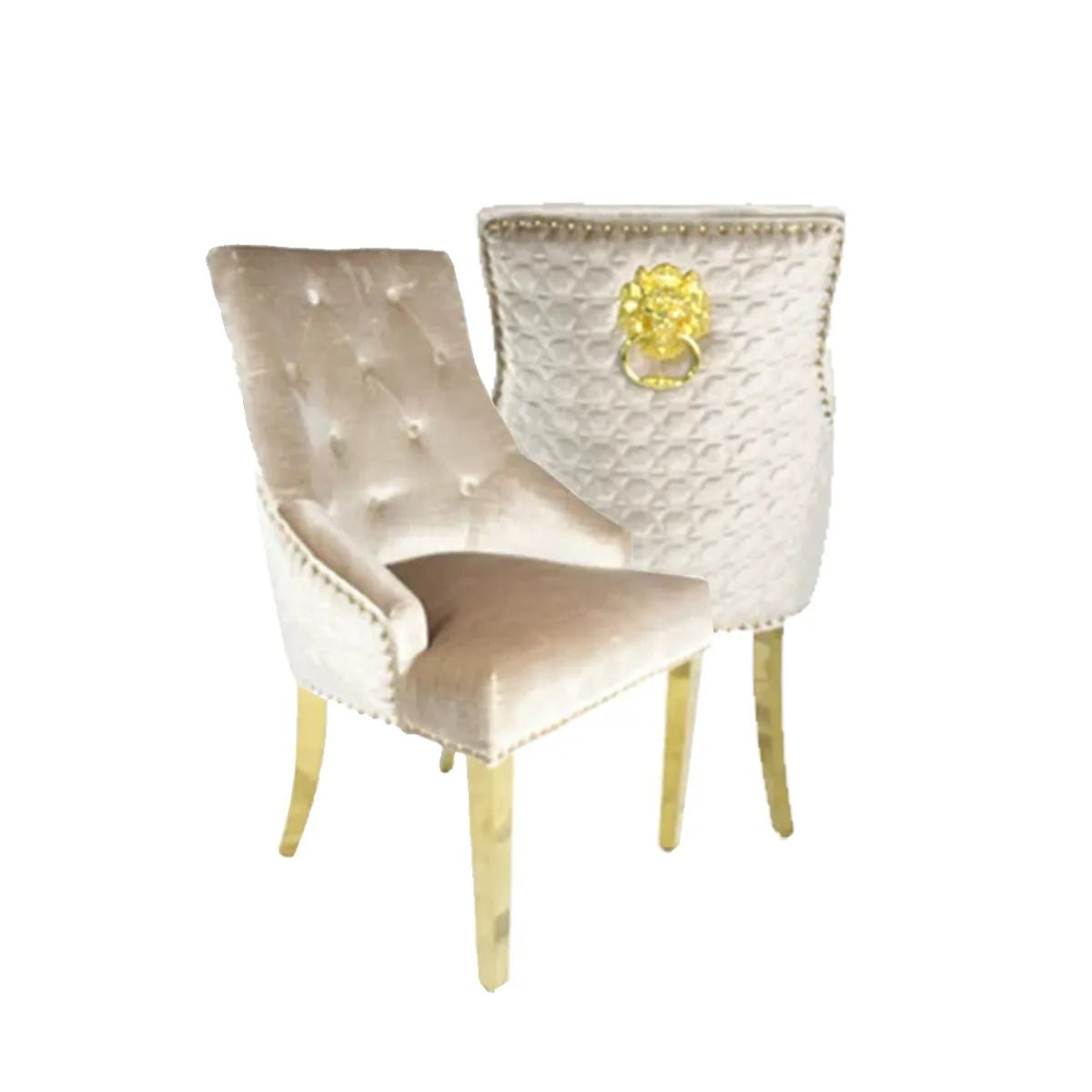Louis Gold Dining Table With Mink Gold Roma Lion Knocker Chairs