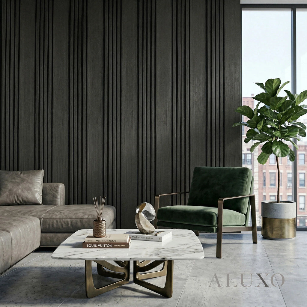 Panelux™ Pro Wide Random Rhythmic Slat Black Oak Wall Panels - 240cm x 30cm (Set Of 2)