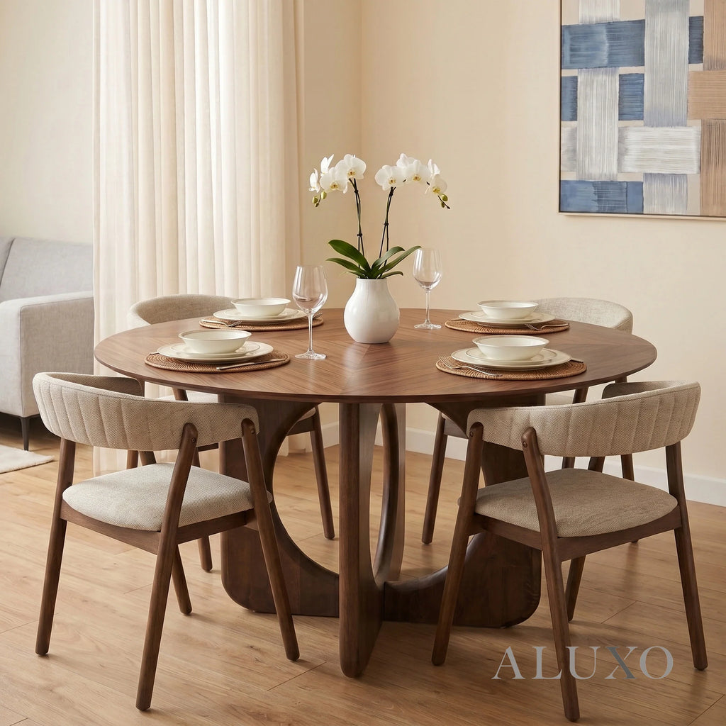 ALUXO® Remy 1.37m Round Walnut Dining Set – Ebony Sculptural Base Table with 4 Linus Oatmeal Bouclé Chairs