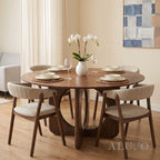 ALUXO® Remy 1.37m Round Walnut Dining Set – Ebony Sculptural Base Table with 4 Linus Oatmeal Bouclé Chairs