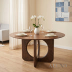 ALUXO® Remy 1.37m Round Walnut Dining Set – Ebony Sculptural Base Table with 4 Linus Oatmeal Bouclé Chairs
