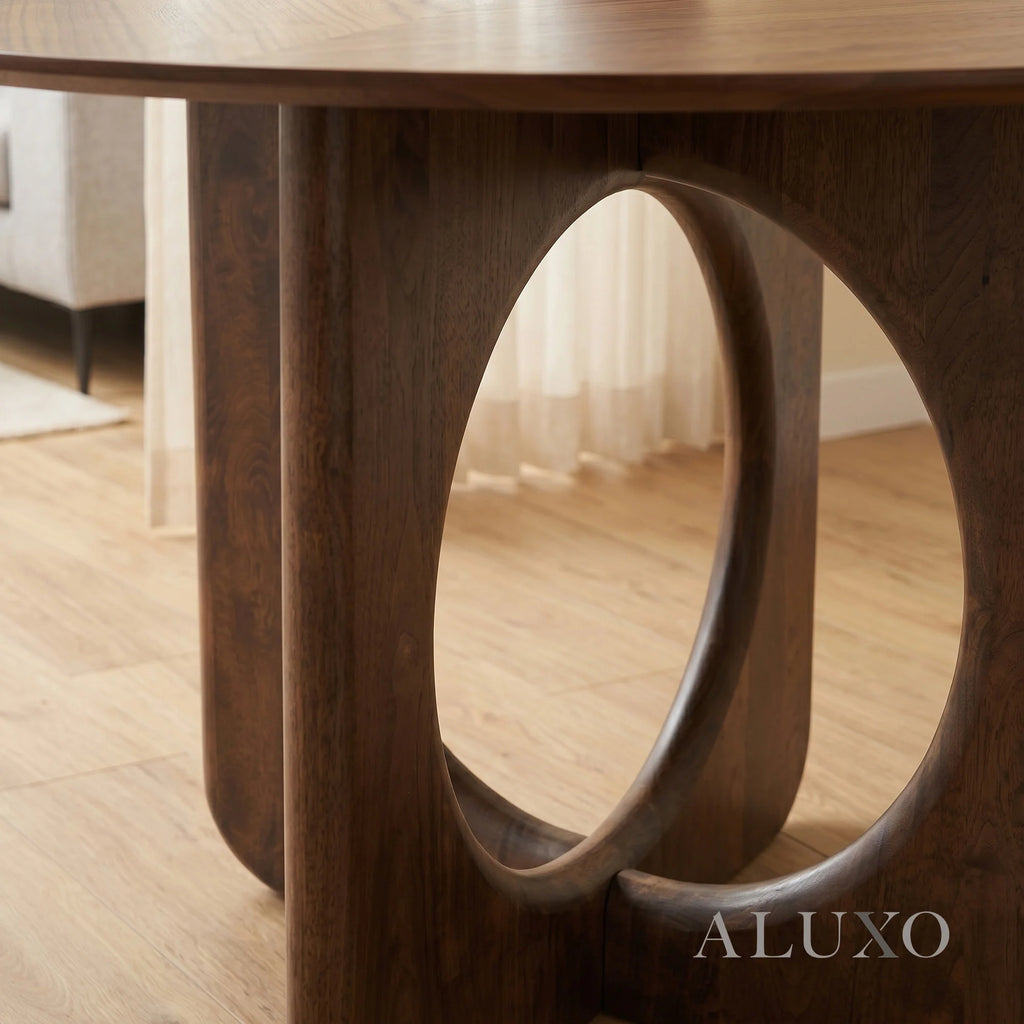 ALUXO® Remy 1.37m Round Walnut Dining Set – Ebony Sculptural Base Table with 4 Linus Oatmeal Bouclé Chairs