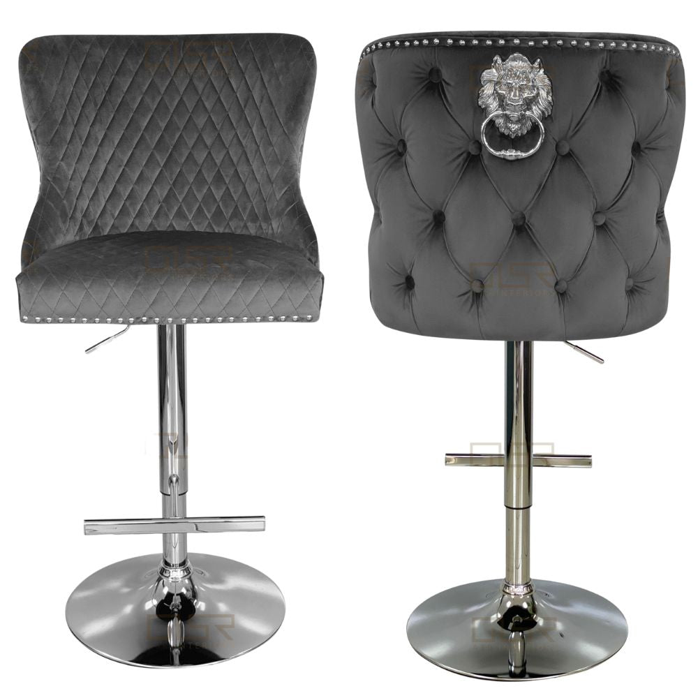 Pair of Lewis Knocker Back Bar Stools In Plush Grey Fabric
