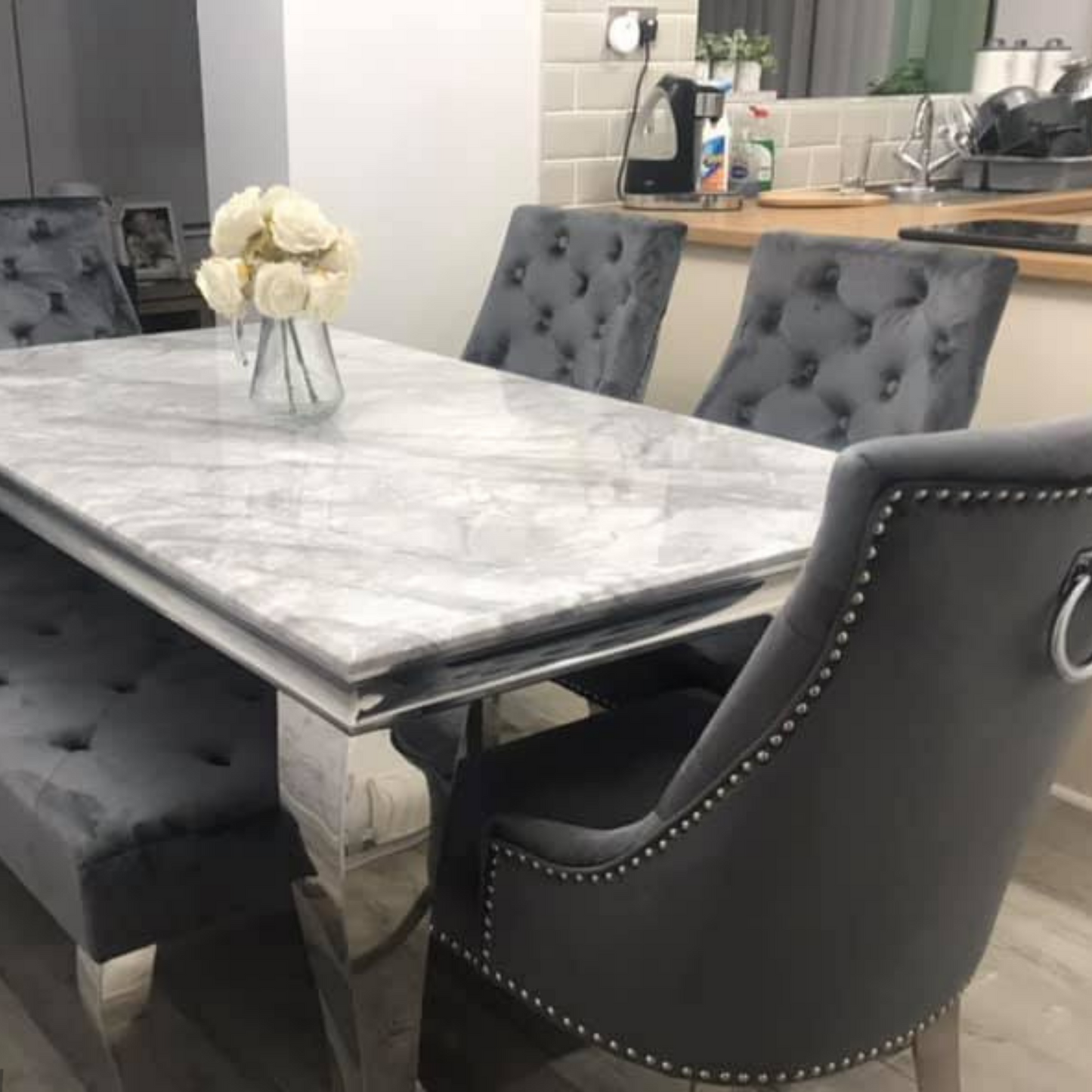 Louis Marble 1.8m Or 1.5m Dining Table With Cheshire Knocker Ring Chairs