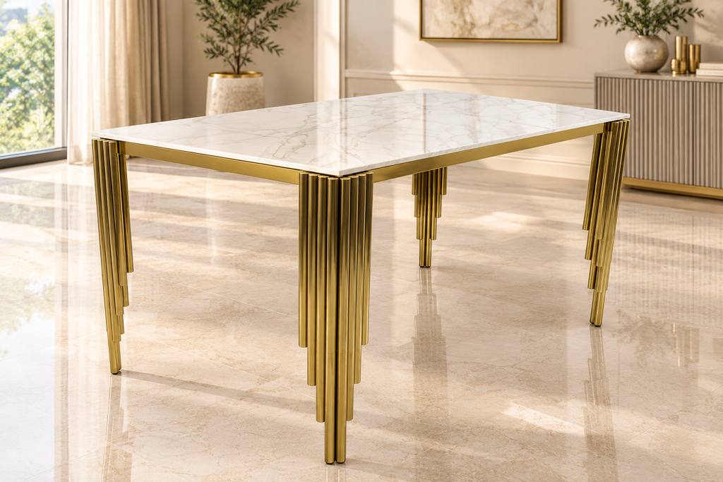 Roma 180CM Gold Marble Dining Table With Lucy Gold Ring Knocker Quilted Dining Chairs