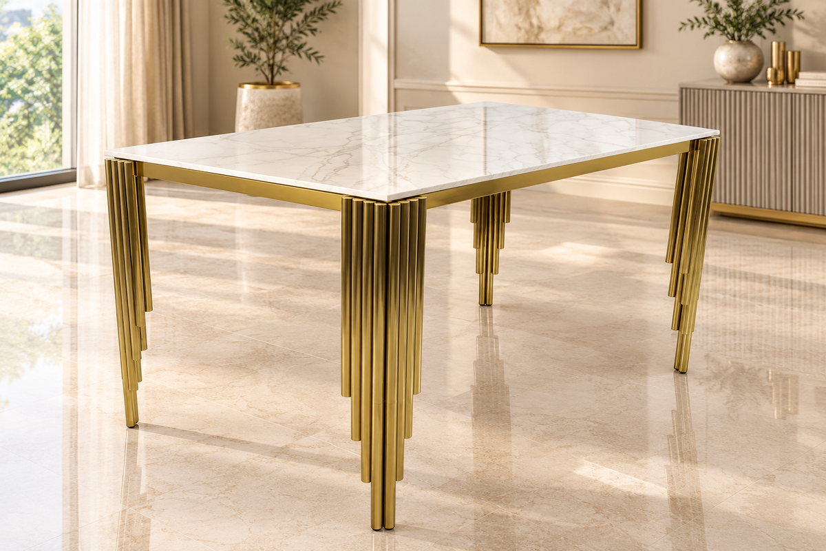 Roma 180CM Gold Marble Dining Table With Lucy Gold Ring Knocker Quilted Dining Chairs