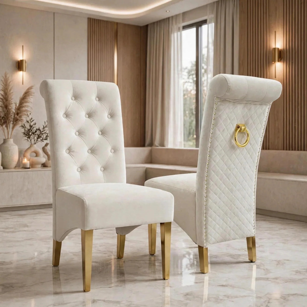 Pair Of 2 Sofia Cream & Gold Knocker Dining Chair