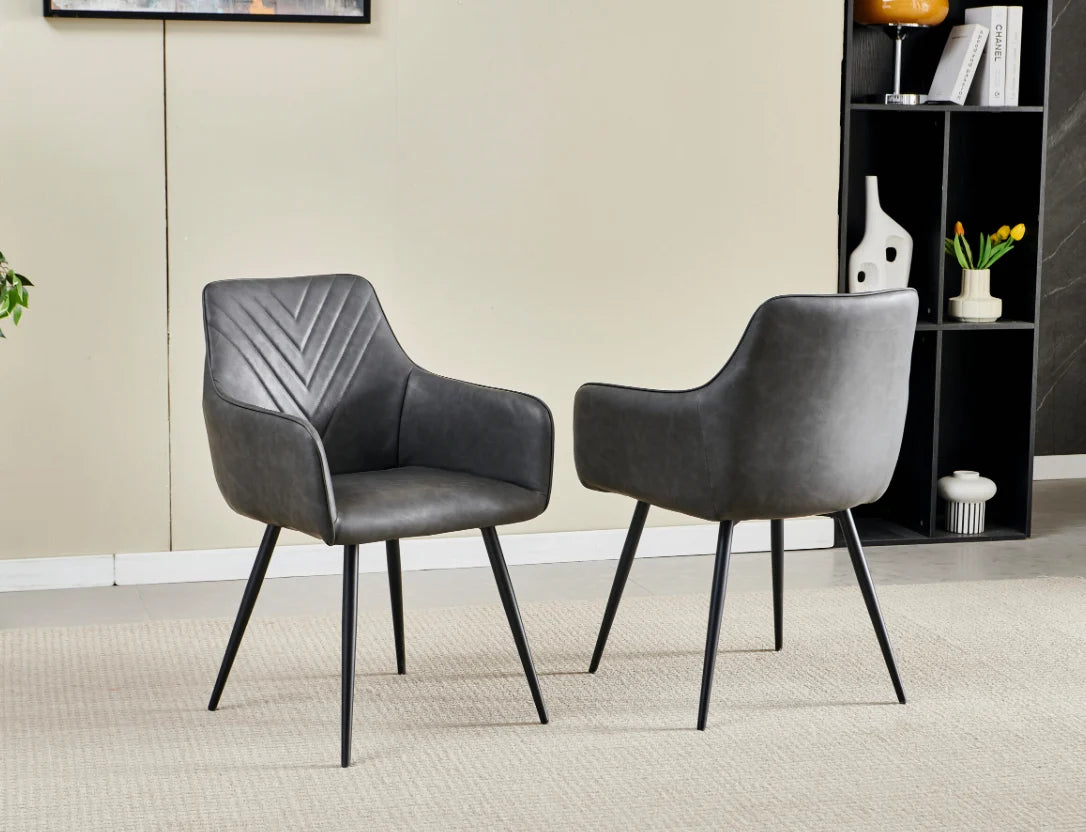 Pair of 2 Stanford Grey Leather Dining Chair Black Leg