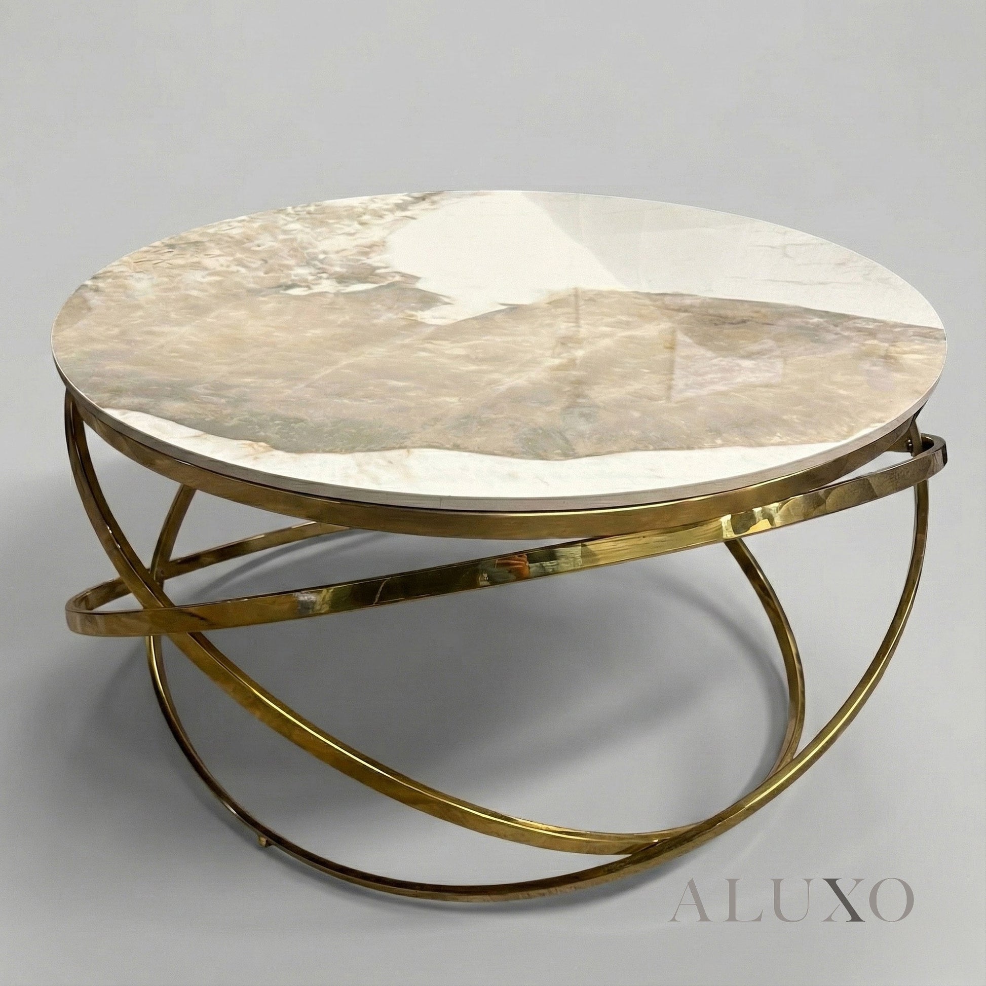Stig Gold Round Coffee Table with Cream Sintered Stone Top – 80cm
