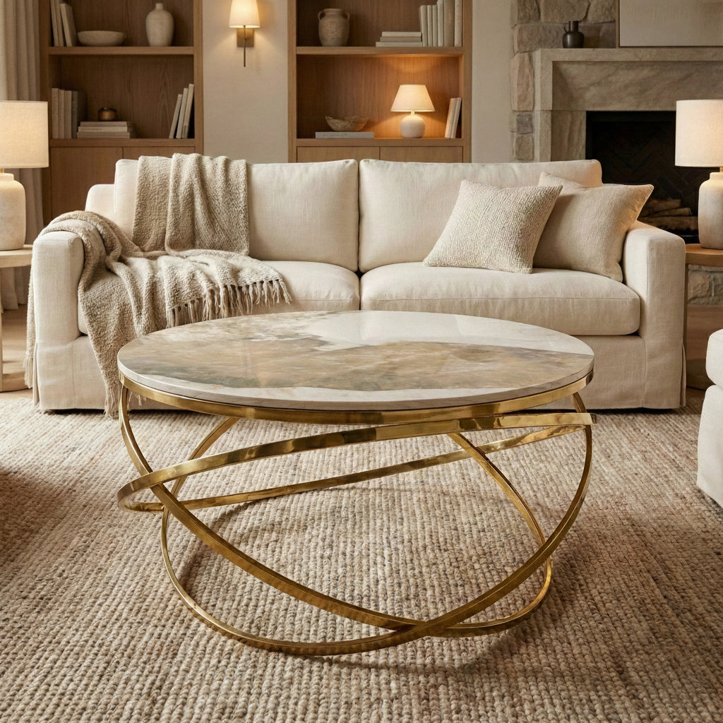 Stig Gold Round Coffee Table with Cream Sintered Stone Top – 80cm