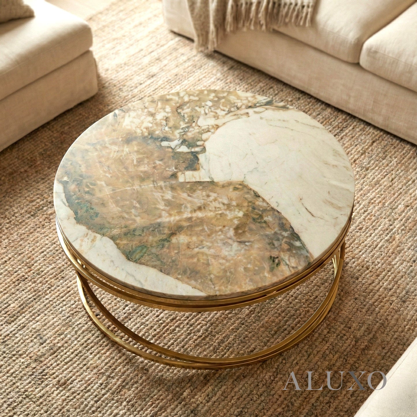 Stig Gold Round Coffee Table with Cream Sintered Stone Top – 80cm