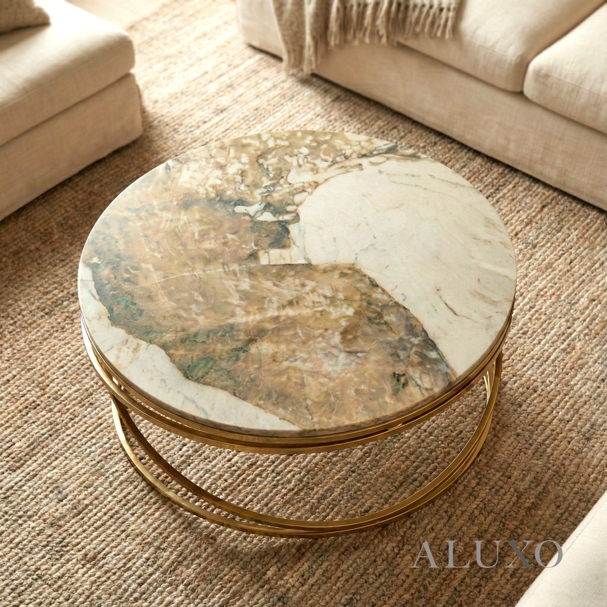 Stig Gold Round Coffee Table with Cream Sintered Stone Top – 80cm