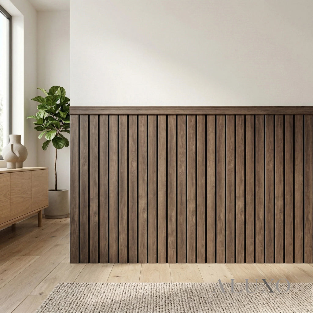 Pre-Cut Wainscoting Wall Panel Kit - Slat Walnut (196cm x 101cm) | Ready-to-Install Premium Half Wall Panelling