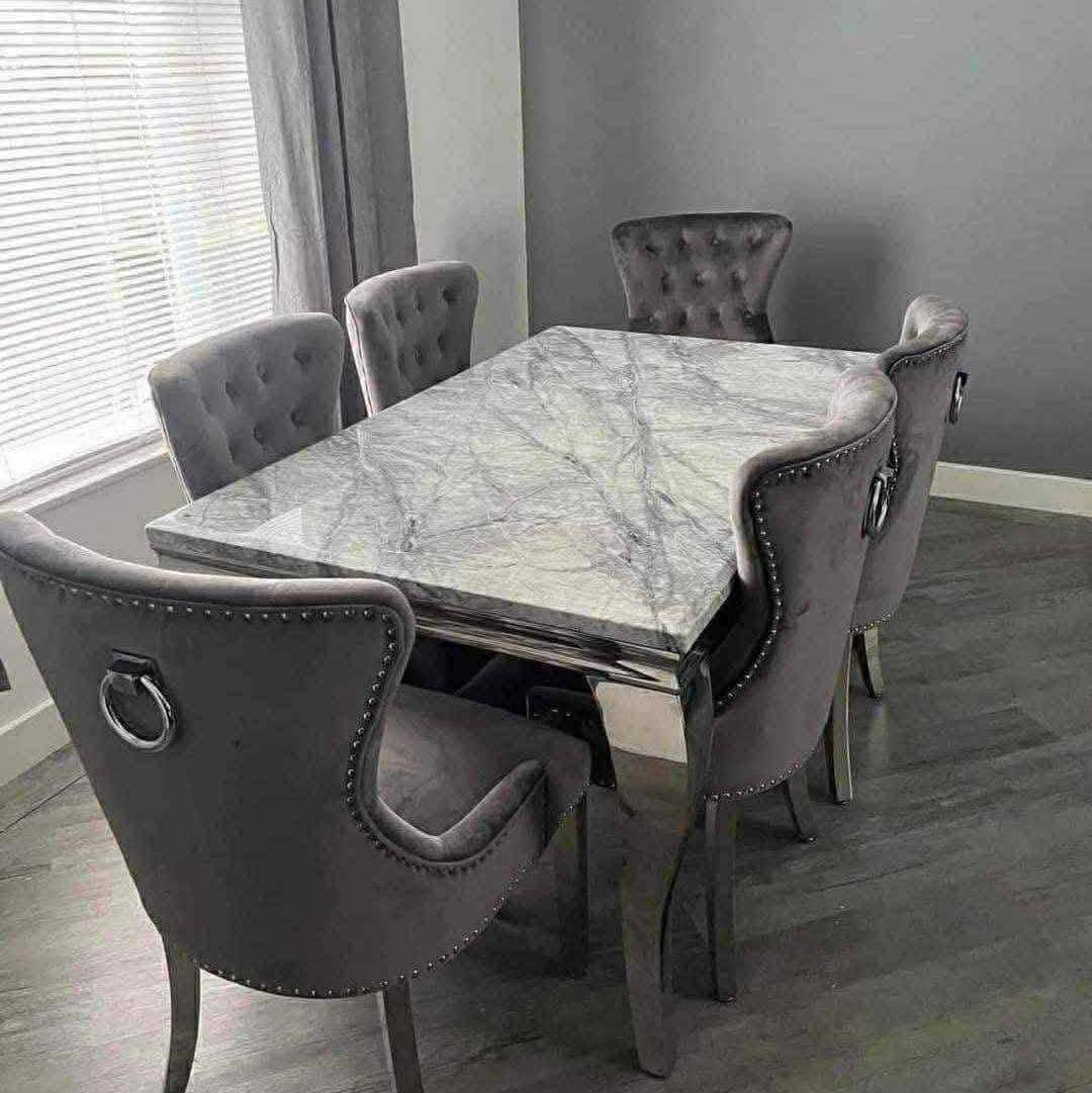 Elegant Chrome Marble Dining Table Set with Grey Leather Chairs