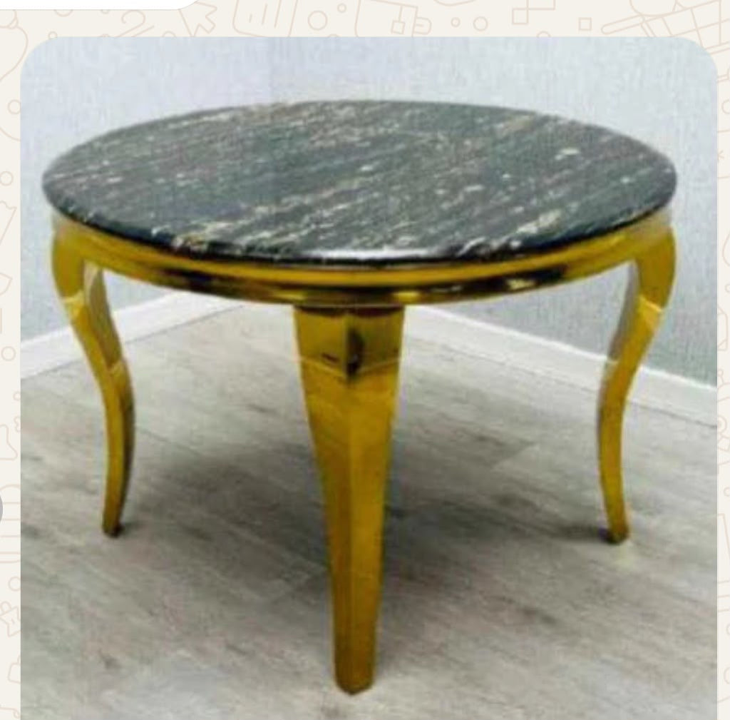 Louis Round 130cm Gold Marble Dining Table and 4 Lewis Gold Knocker back Dining Chairs