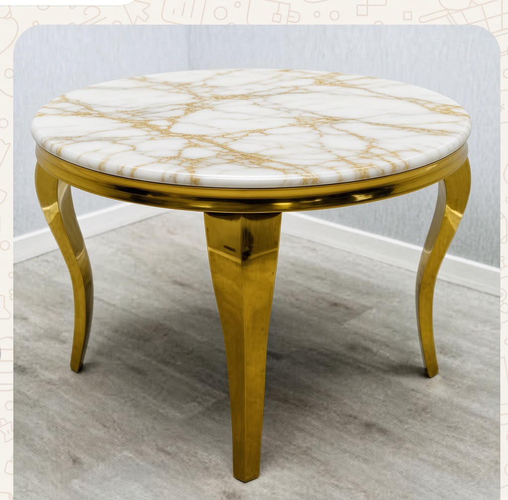 Louis Round 130cm Gold Marble Dining Table and 4 Lewis Gold Knocker back Dining Chairs