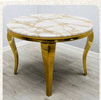 Louis Round 130cm Gold Marble Dining Table and 4 Lewis Gold Knocker back Dining Chairs