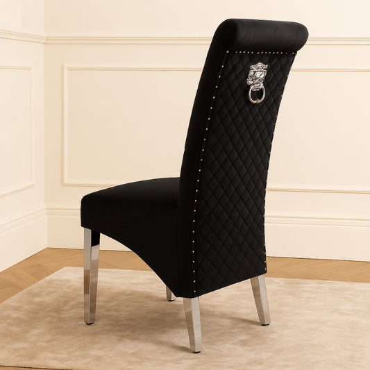 Pair of Lucia black plush velvet quilted lion knocker dining chairs