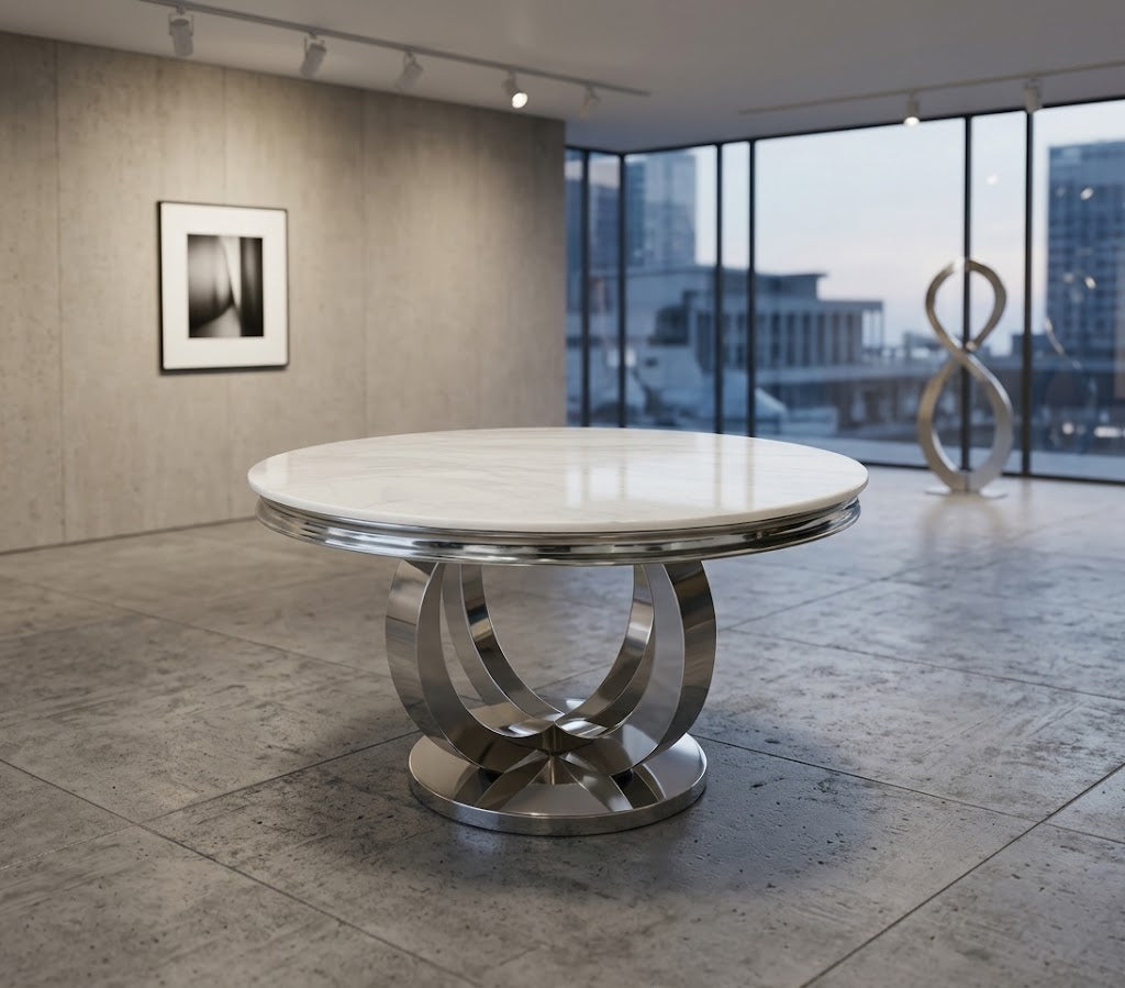 130cm Round Marble Dining Set With Roma Chairs Lion Knocker