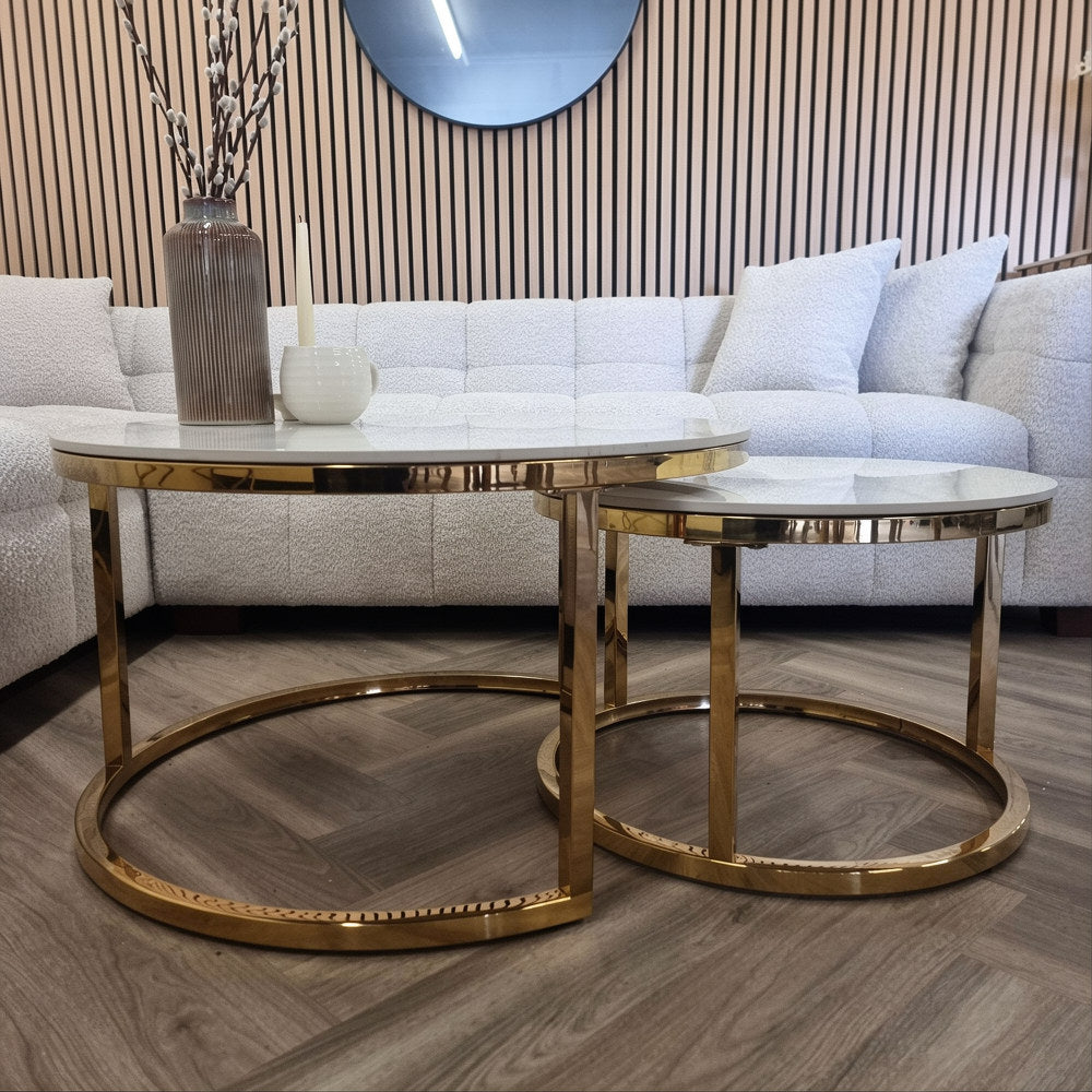 Kaito Nest of 2 Short Round Coffee Gold Tables with Polar White Sintered Stone Tops