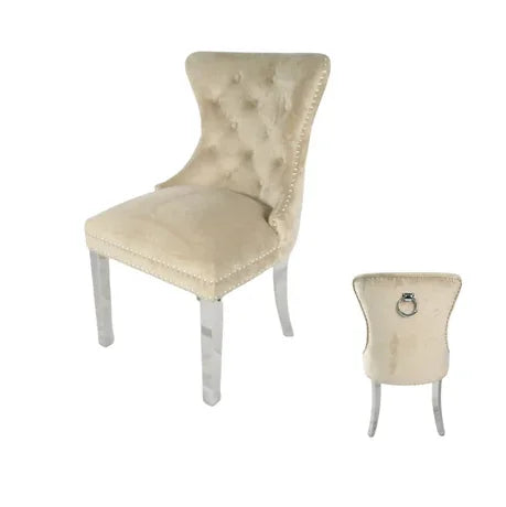 Louis Cream marble dining table with Cream lion knocker Chelsea chairs