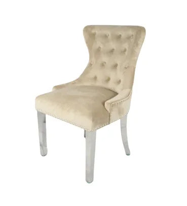 Louis Cream marble dining table with Cream lion knocker Chelsea chairs