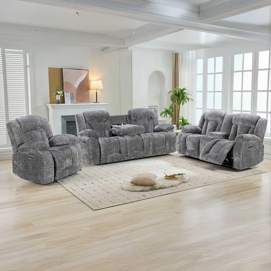 Unico Range Electric Power Grey Fabric Recliners 3, 2 Seater Armchair
