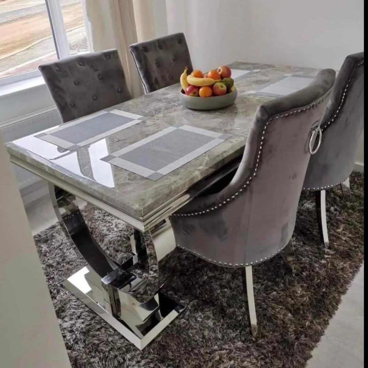 Arianna Grey Marble Top Dining Set With Cheshire Knocker Velvet Chairs