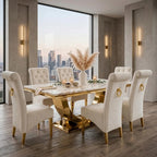 London White & Gold Marble Dining Table with Cream And Gold Lucy Velvet Dining Chairs