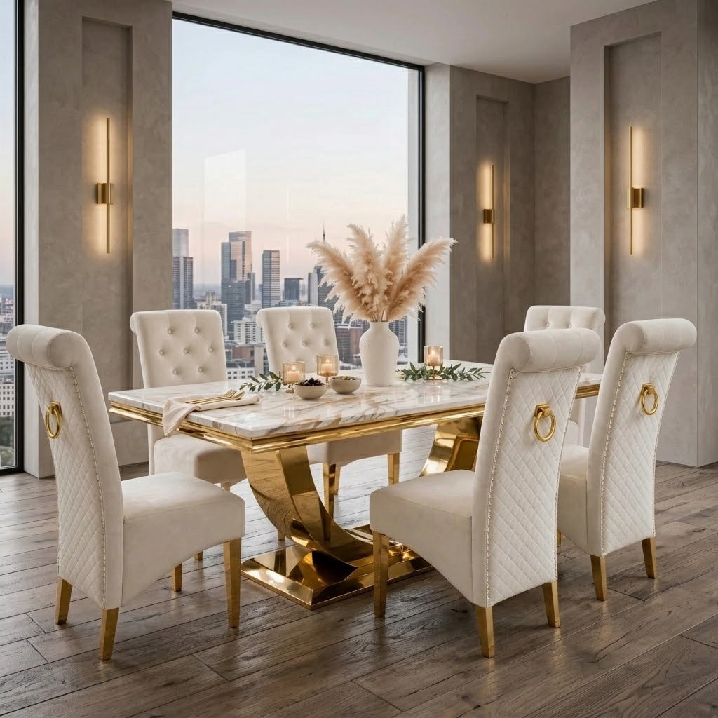 London White & Gold Marble Dining Table with Cream And Gold Lucy Velvet Dining Chairs