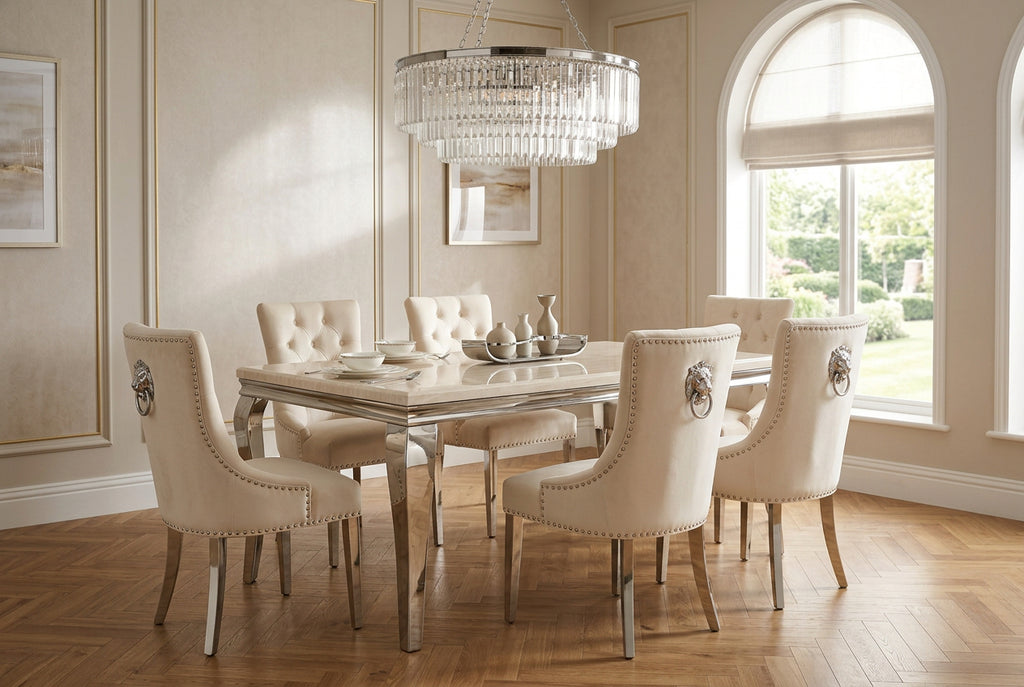 Louis Cream marble dining table with Cream lion knocker Chelsea chairs