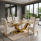 London White & Gold Marble Dining Table with Cream And Gold Lucy Velvet Dining Chairs