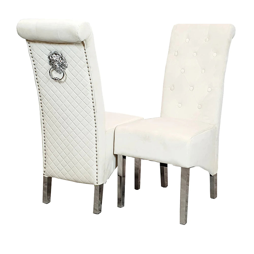 Arianna Marble & Chrome Dining Table With Lucy Slim Quilted Lion Knocker Velvet Chairs