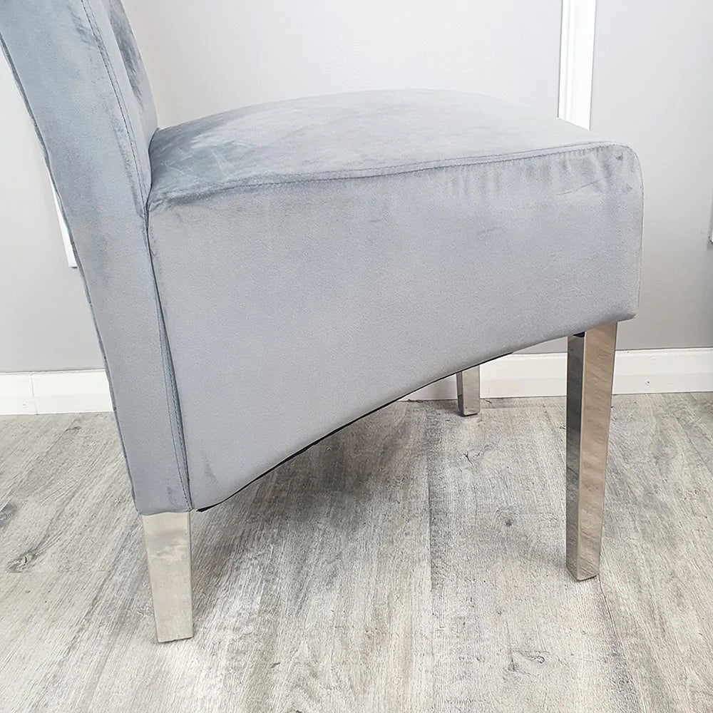 Louis White Marble 130cm Round Dining Table + Lucy Grey Lion Knocker Plush Velvet Chairs