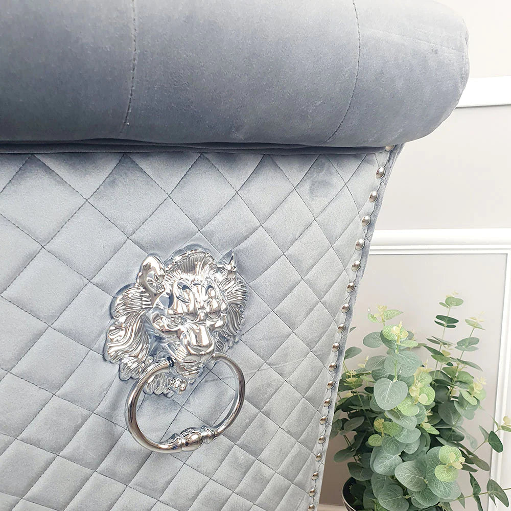 Arianna Marble & Chrome Dining Table With Lucy Slim Quilted Lion Knocker Velvet Chairs